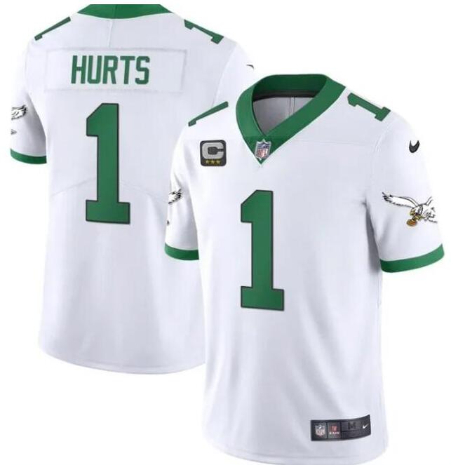 Men's Philadelphia Eagles #1 Jalen Hurts White Vapor Limited With C Patch Stitched Football Jersey